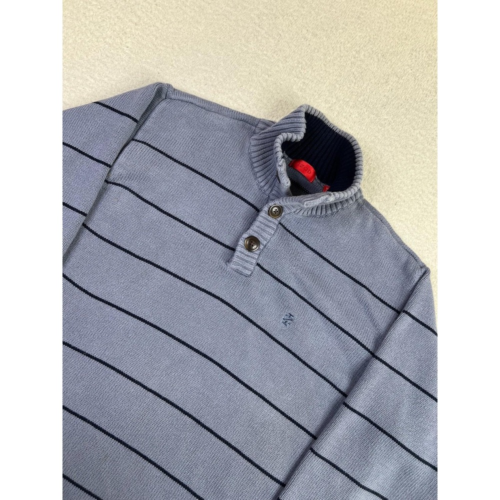 IZOD Sweater Mens Large Blue Gray Striped Cotton Mock Neck Button Knit Pullover
